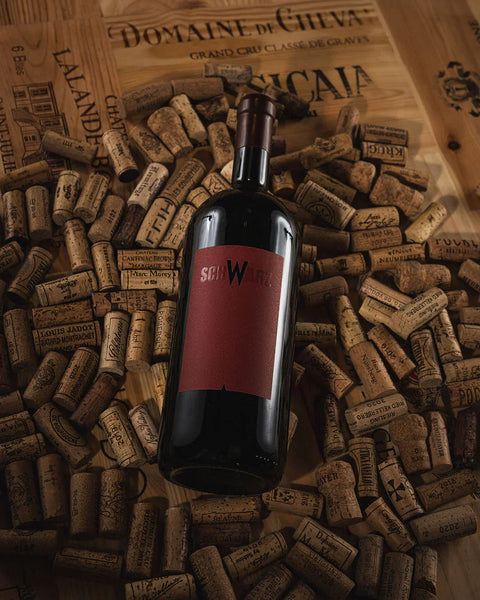Titelbild für die Rotweine von Trinkvergnügen, zeigt einen Rotwein aus dem Burgenland, der inmitten von Weinkorken liegt